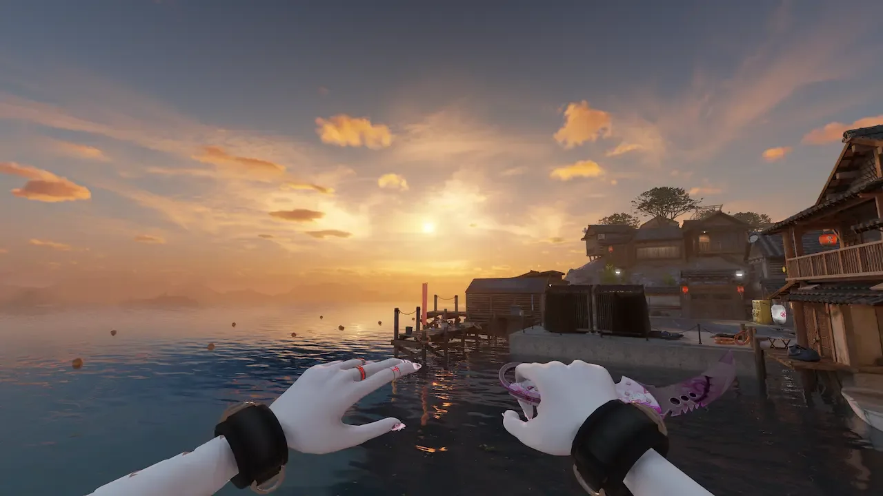 A custom knife and gloves in the player's hands